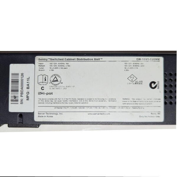 Server Technology CW-16V1-C20MX Switched PDU 120V 16-NEMA 5-20R-Outlets L5-20P Server Technology CW-16V1-C20MX Switched PDU 120V 16-NEMA 5-20R-Outlets L5-20P