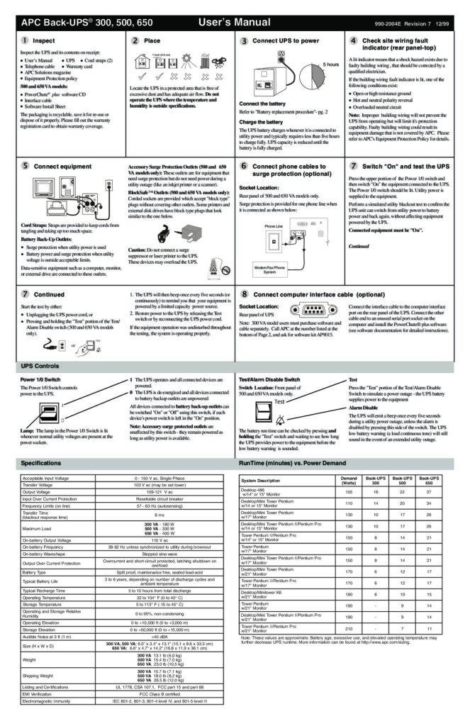 thumbnail of APC Back-UPS 300, 500, 650 User’s Manual