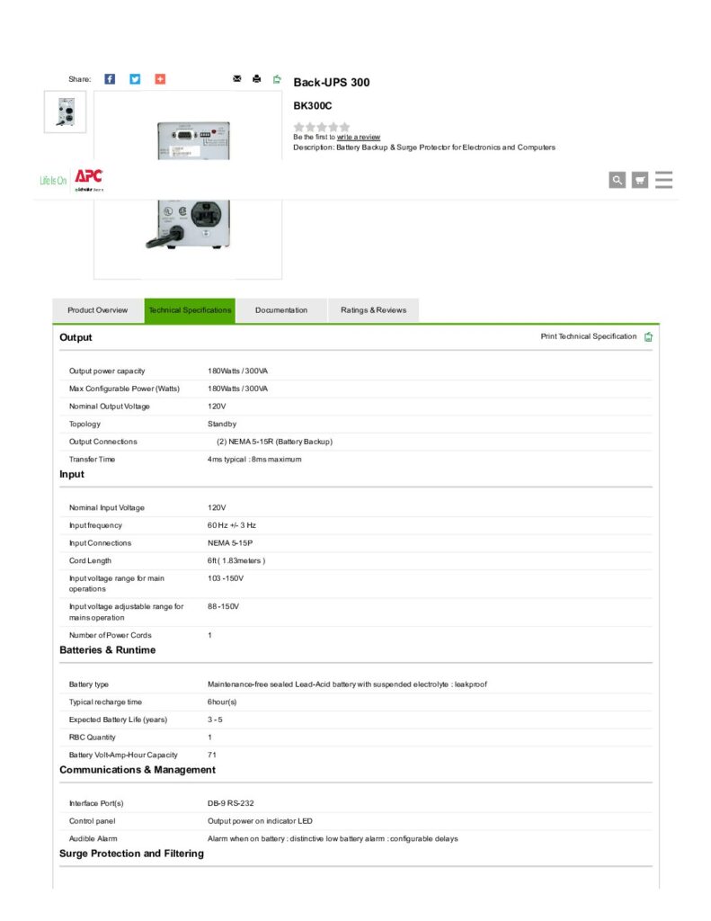 thumbnail of APC Back-UPS 300 – Specs – United States