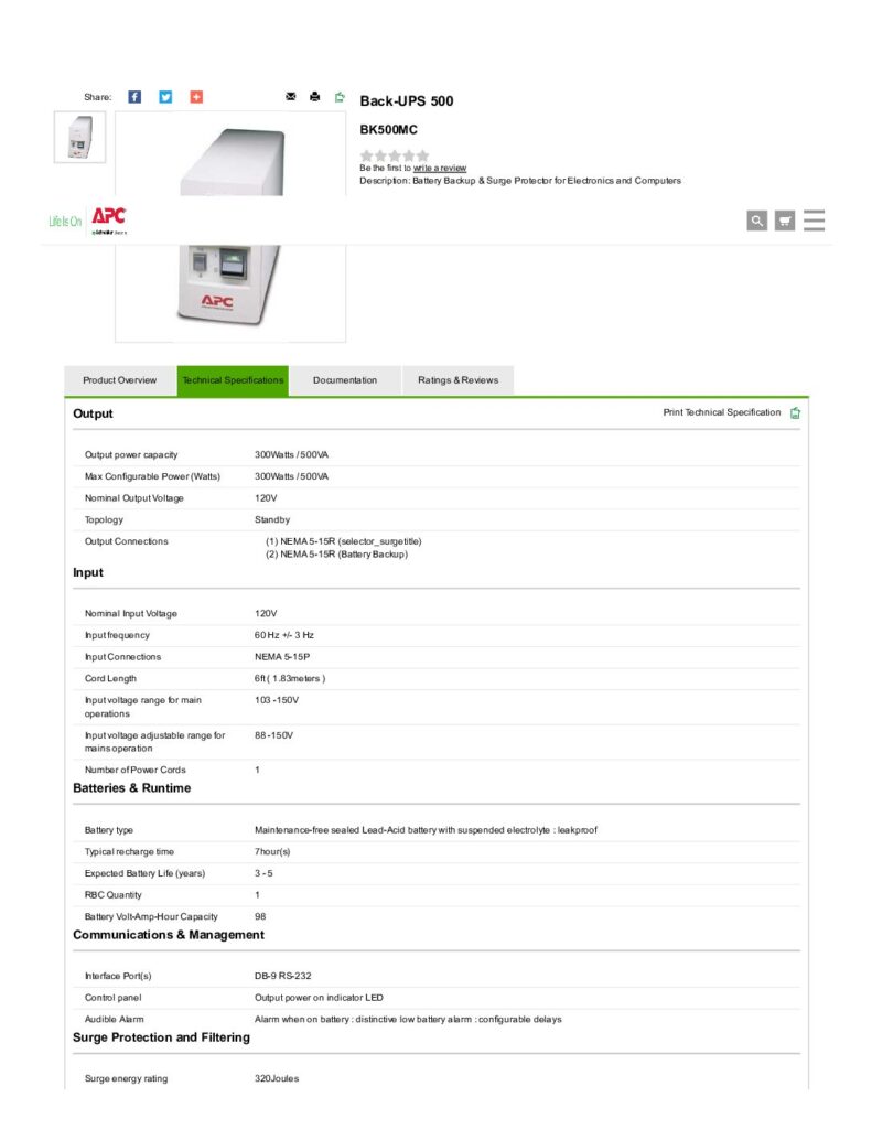 thumbnail of APC Back-UPS 500 – Specs – United States