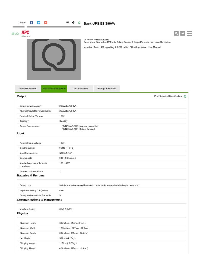 thumbnail of APC Back-UPS ES 350VA – Specs – United States