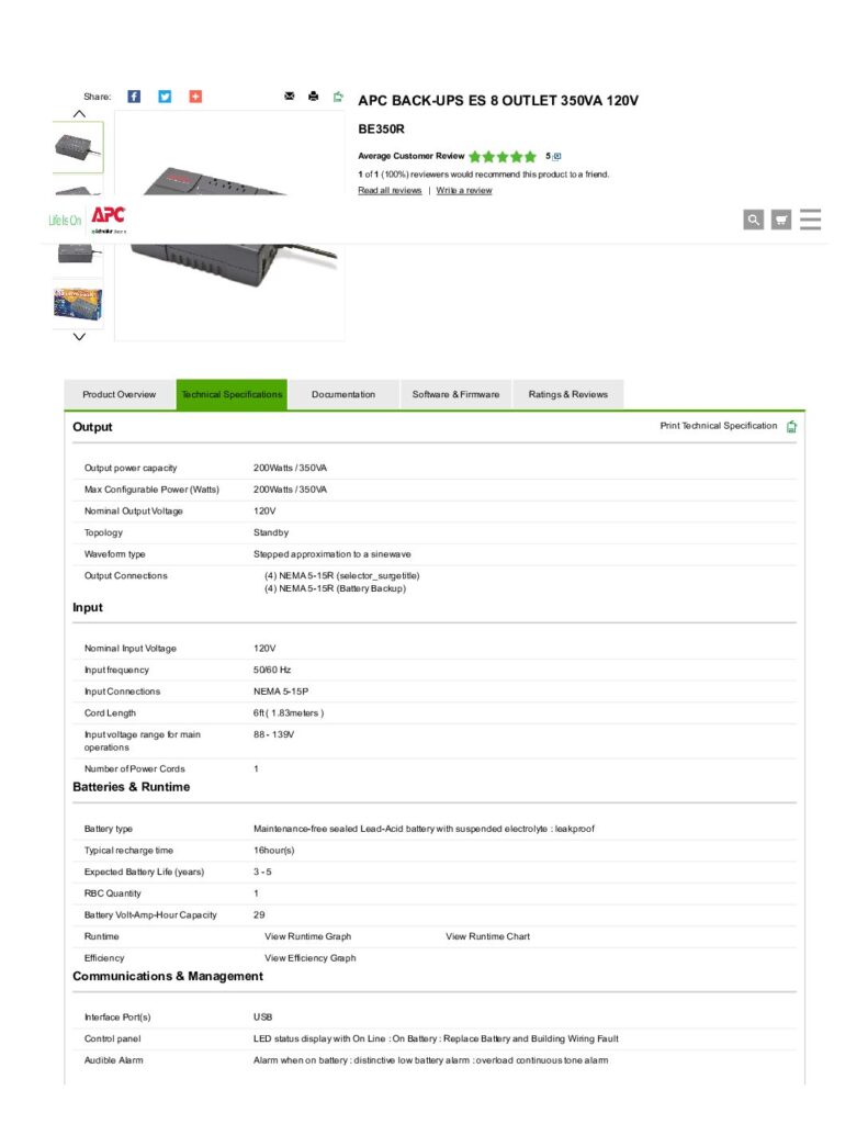 thumbnail of APC Back-UPS ES 8 Outlet 350VA 120V – Specs – United States
