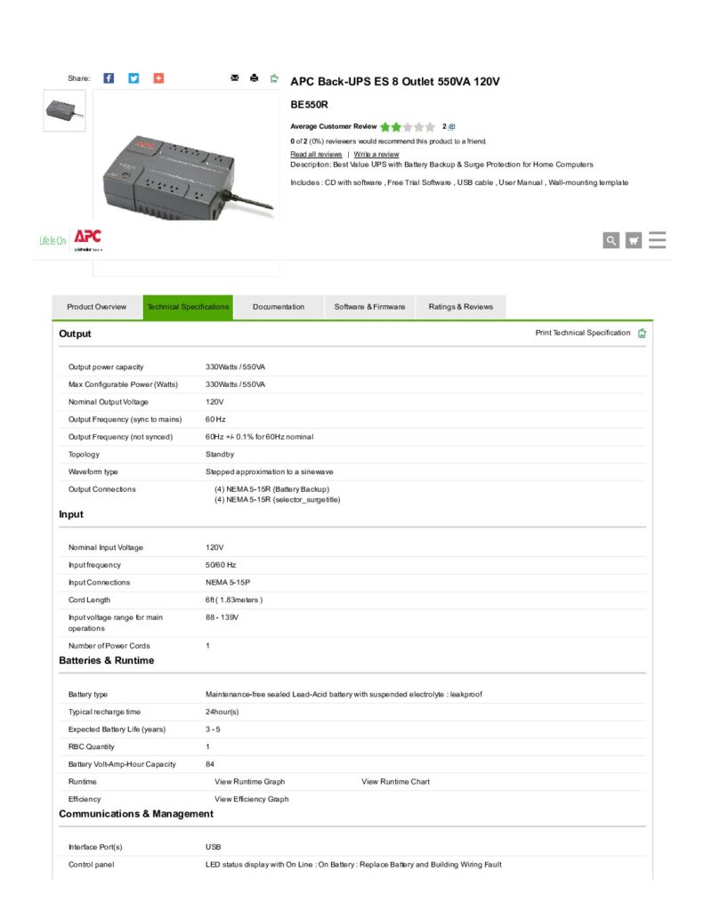 thumbnail of APC Back-UPS ES 8 Outlet 550VA 120V – Specs – United States