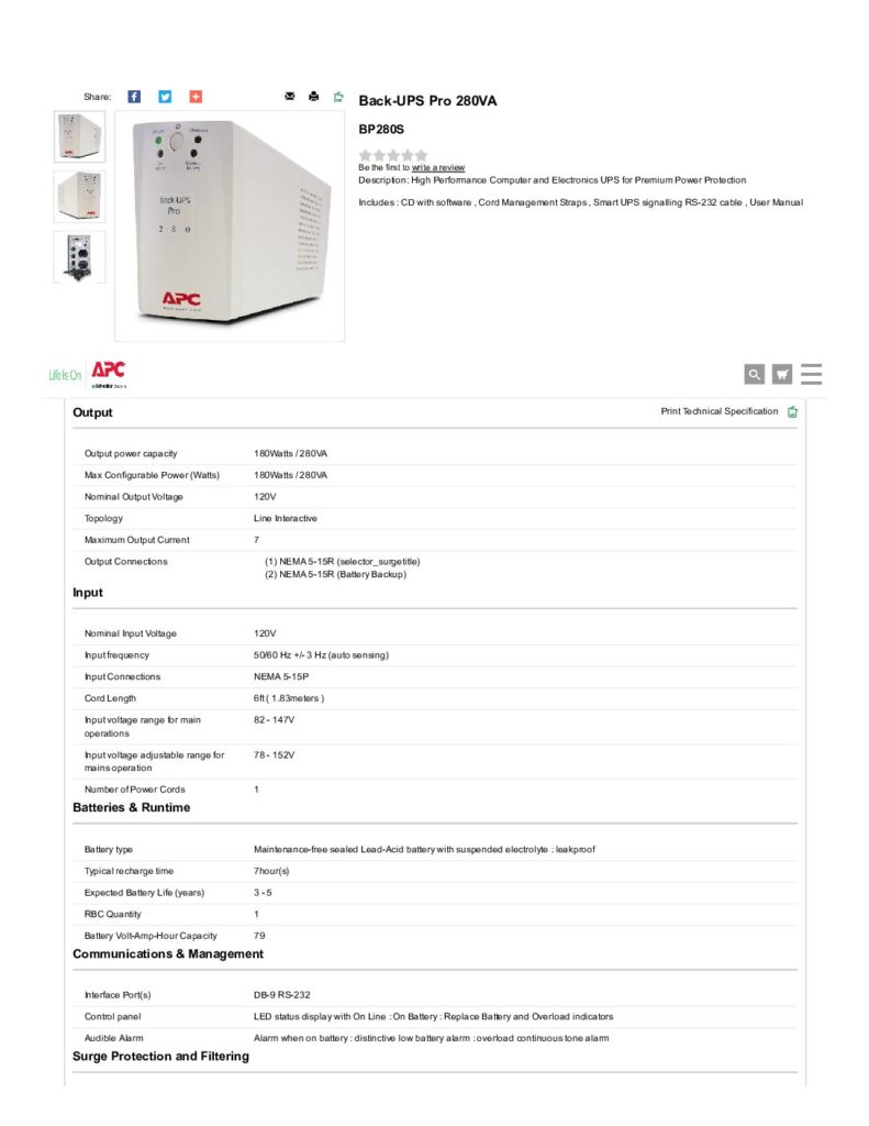 thumbnail of APC Back-UPS Pro 280VA – Tech Spec
