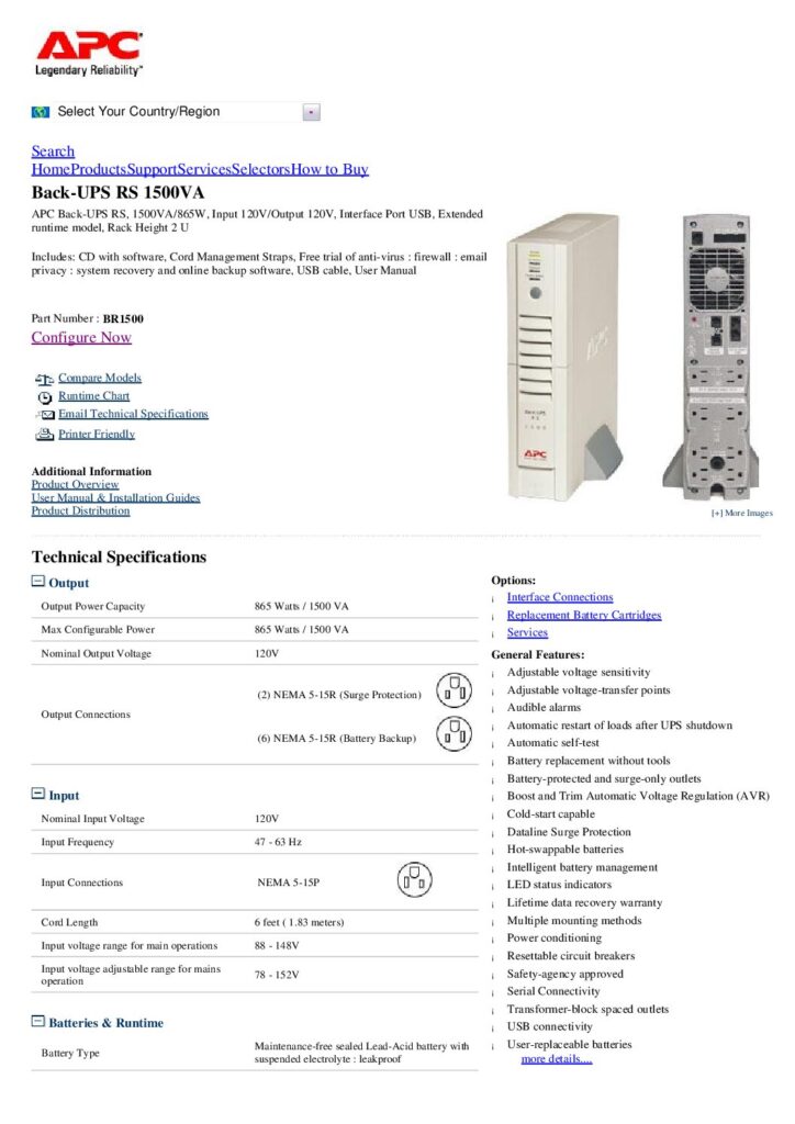 thumbnail of APC Back-UPS RS 1500 datasheet BR1500-APC