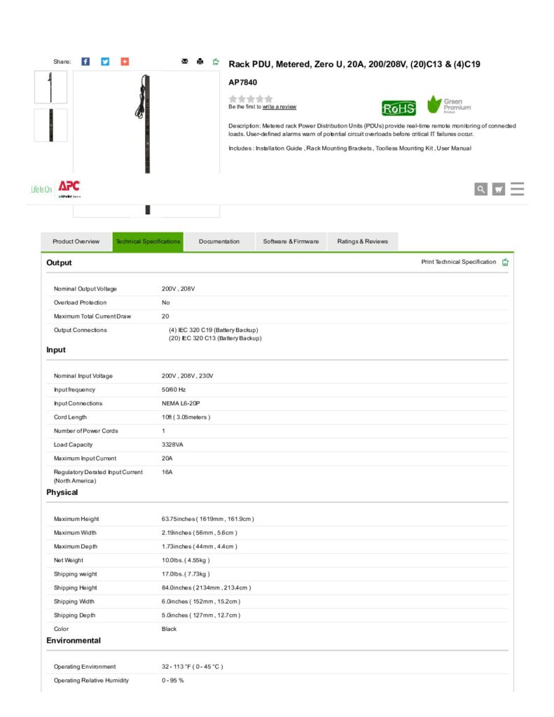thumbnail of APC PDU AP7840 Rack PDU, Metered, Zero U, 20A, 200_208V, (20)C13 _ (4)C19_APC