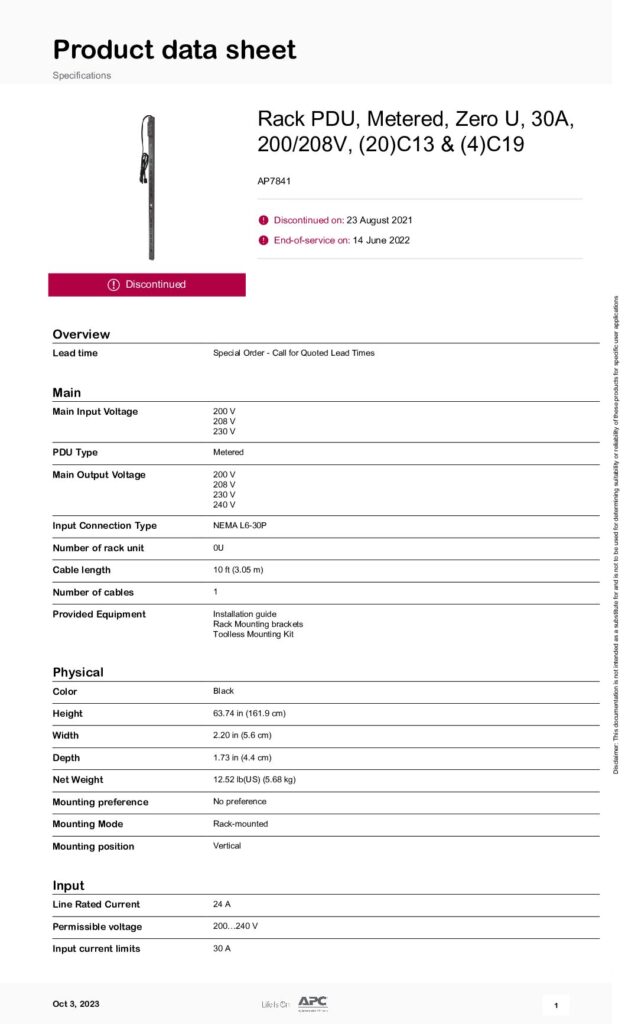 thumbnail of APC PDU AP7841 Datasheet