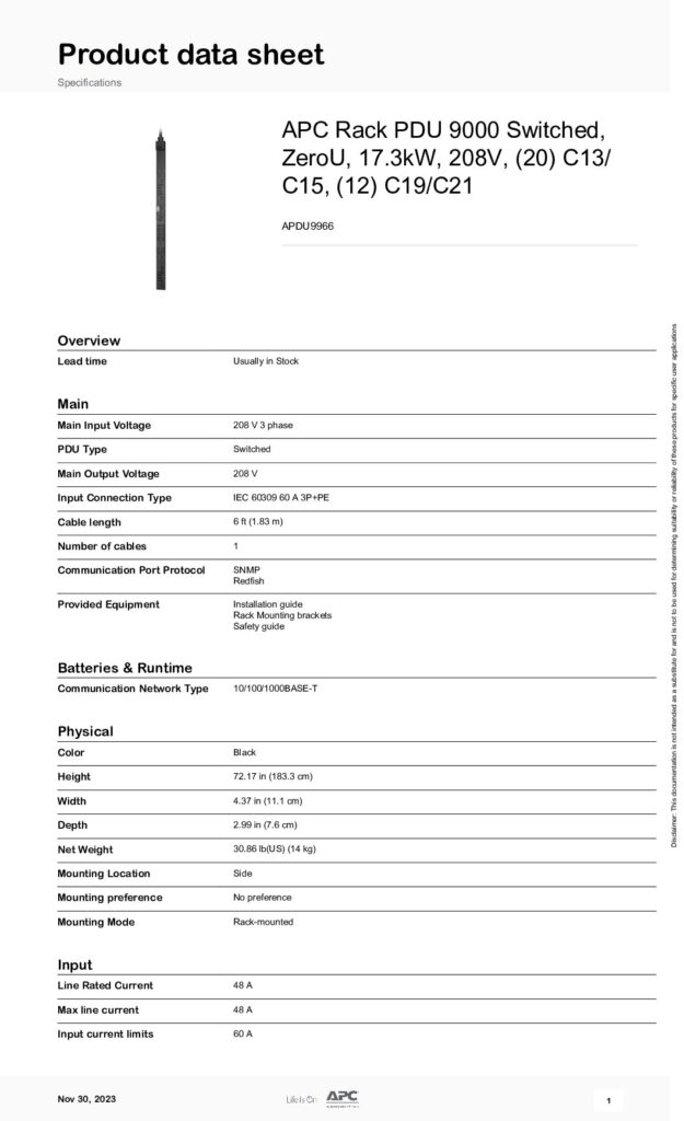 thumbnail of APC PDU APDU9966 Specifications