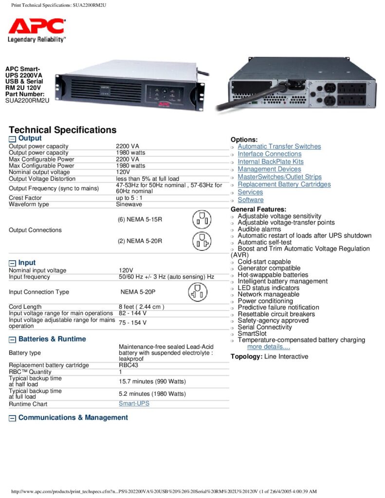 thumbnail of APC Smart-UPS 2200VA – SUA2200RM2U Specs