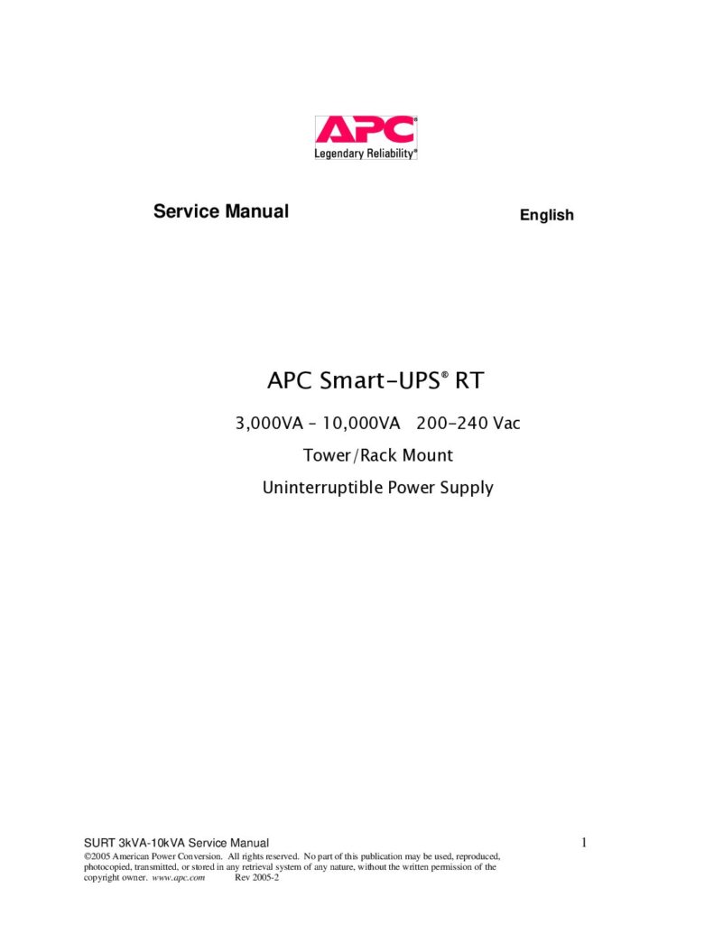 thumbnail of APC Smart-UPS SUA RT 3KVA TO 10KVA Service Manual