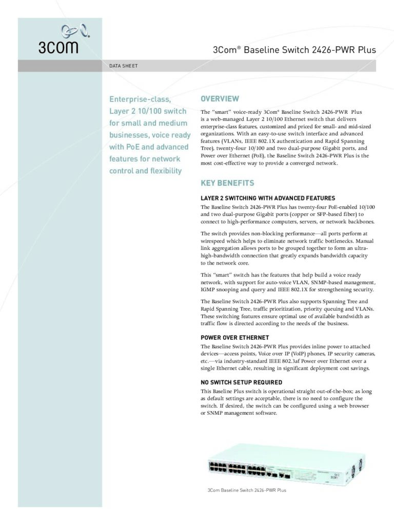 thumbnail of 3Com Baseline Switch 2426-PWR Plus – 3C16491 Datasheet