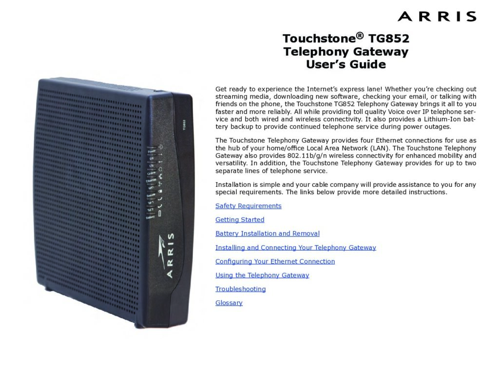 thumbnail of Arris TG852G Telephony Gateway Users Guide