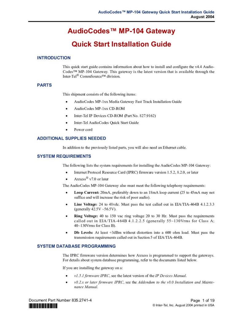 thumbnail of AudioCodes MP104 Quick Start