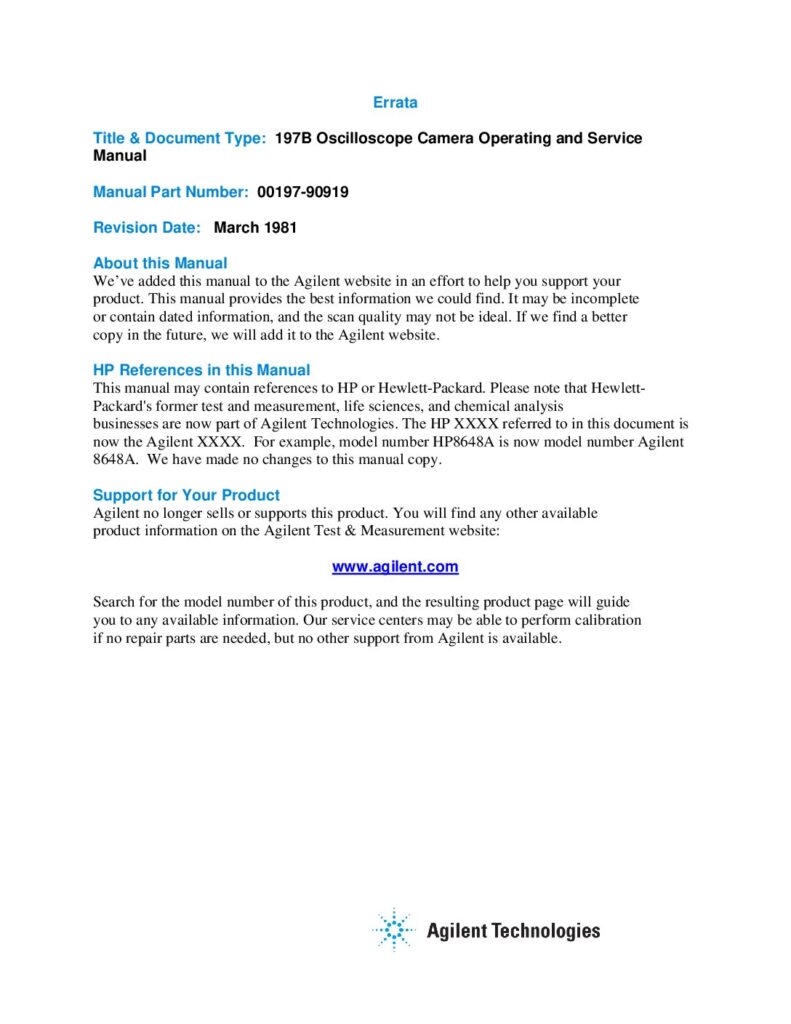 thumbnail of HP 197B Oscilloscope Camera-Operating and Service Manual