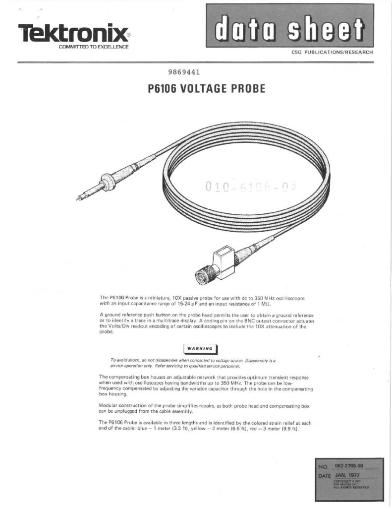 thumbnail of Techtronix P6106 Voltage Probe Data Sheet