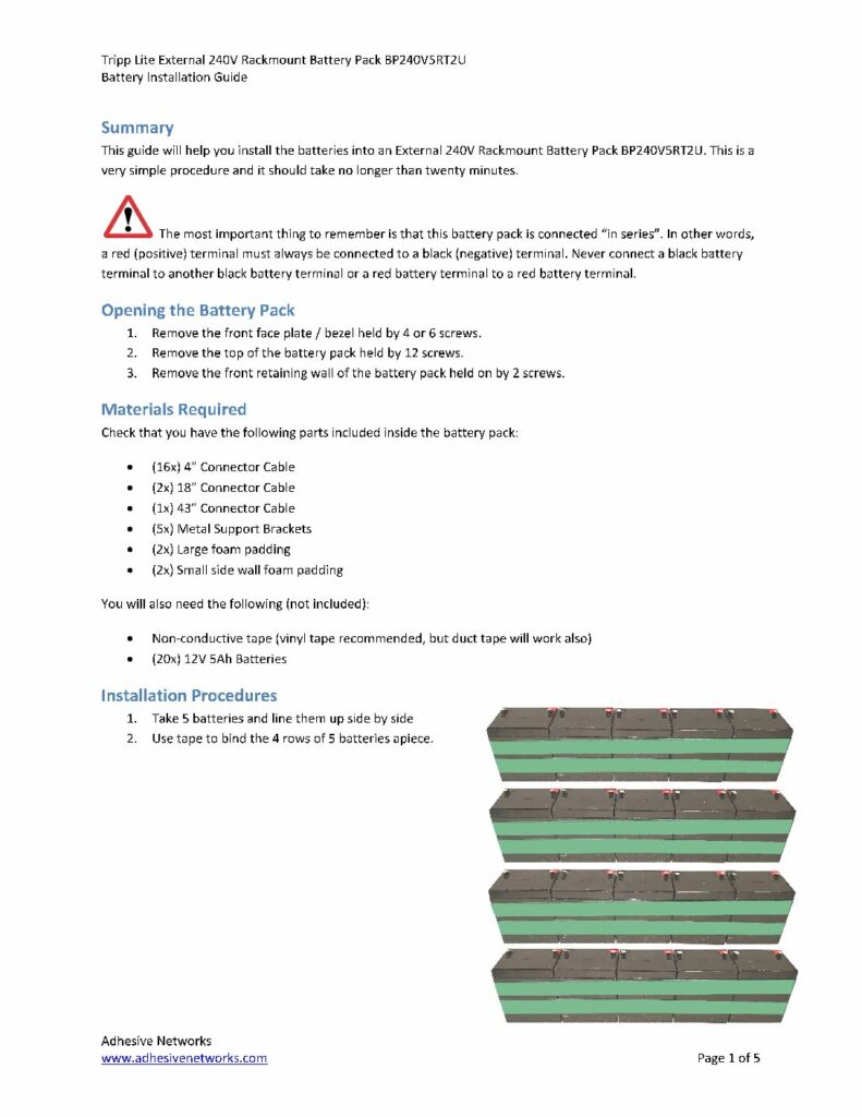 thumbnail of Tripp Lite External 240V Rackmount Battery Pack BP240V5RT2U Battery Installation Guide