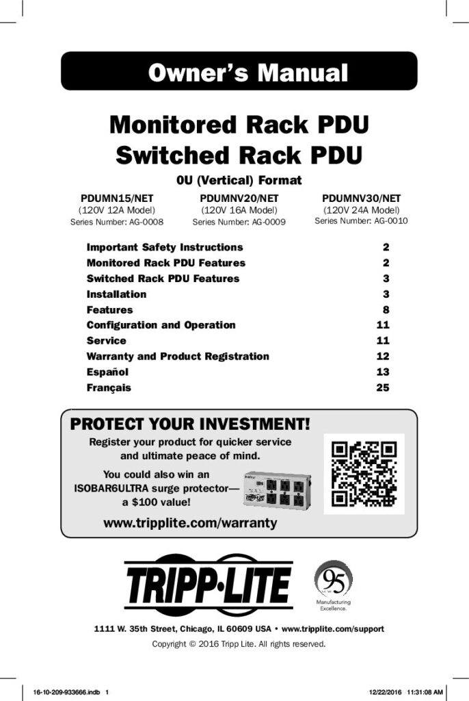 thumbnail of Tripp Lite PDU PDUMVN20NET Owners Manual