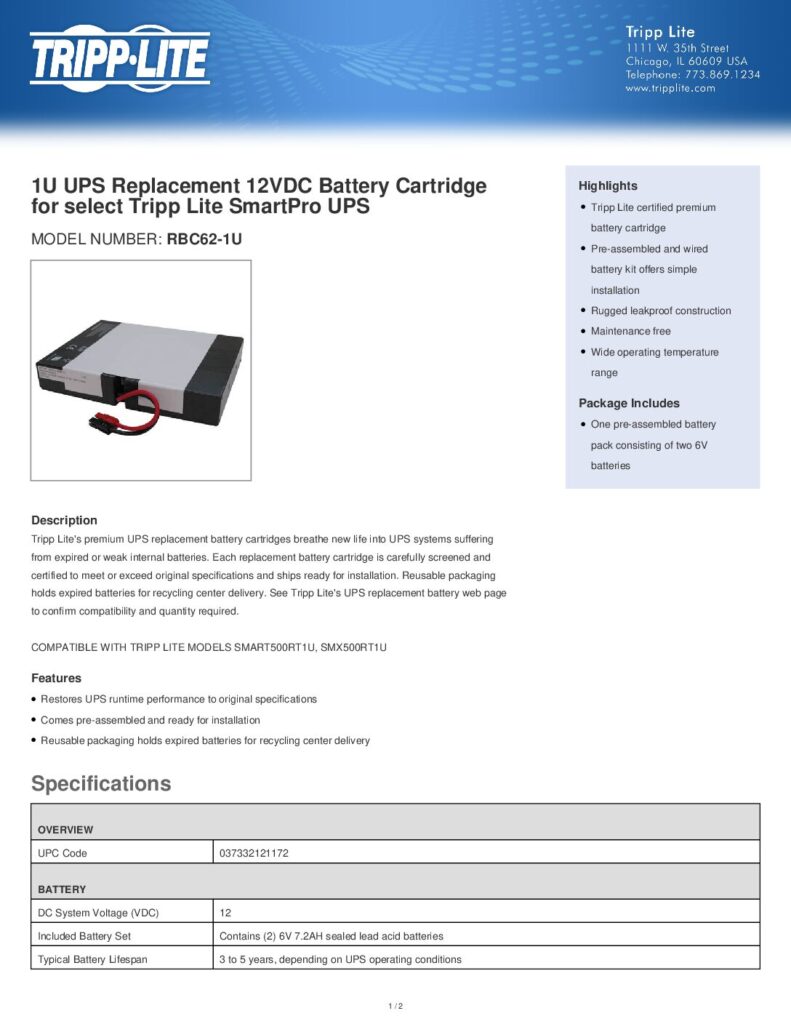 thumbnail of Tripp Lite RBC62 1U Battery Pack Specs