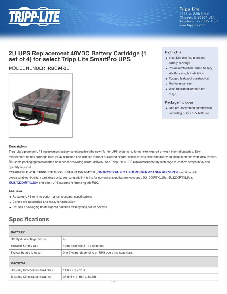 thumbnail of Tripp Lite RBC94 2U
