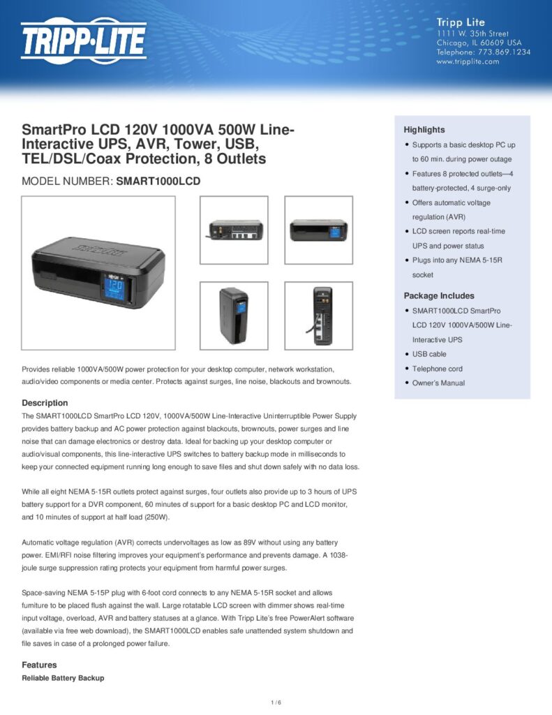 thumbnail of Tripp Lite SMART1000LCD OPS Spec Sheet