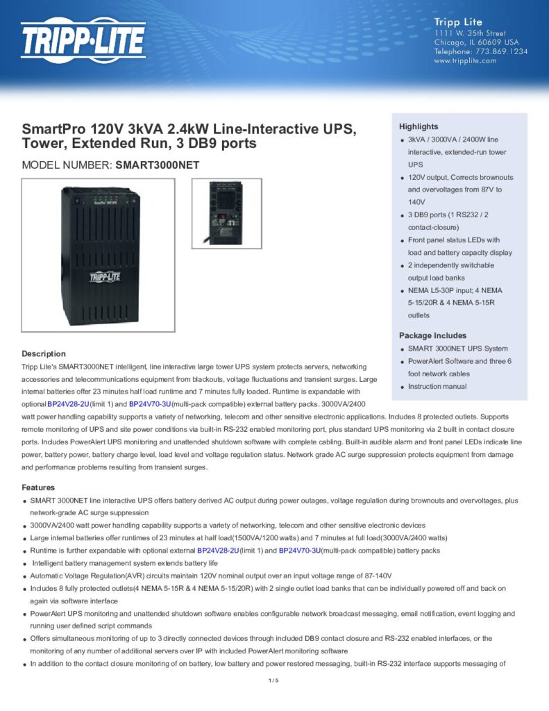 thumbnail of Tripp Lite Smart Pro Net 3000VA UPS SMART3000NET