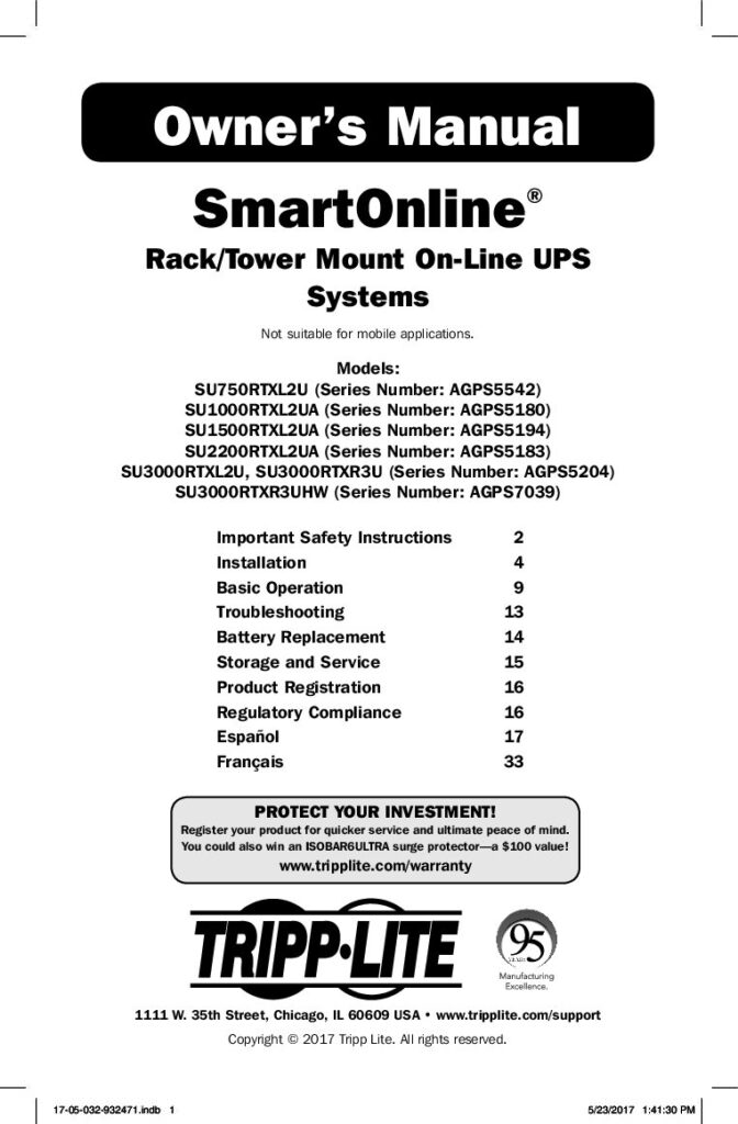 thumbnail of Tripp Lite SmartOnline UPS Systems – Owner_s Manual (1)