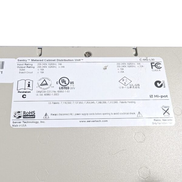 Server Technology C-4H2-L30 Metered PDU 1U 240V 4-C19-Outlets L6-30P (3) Server Technology C-4H2-L30 Metered PDU 1U 240V 4-C19-Outlets L6-30P