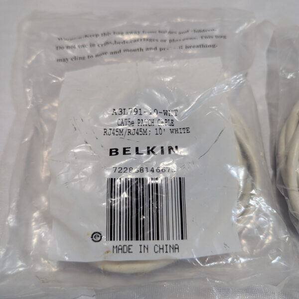 Belkin Cat5e 10Ft Patch Cord RJ45 Network Cables (Quantity 5) White A3L791-10-WHT (2) Belkin Cat5e 10Ft Patch Cord RJ45 Network Cables (Quantity 5) White A3L791-10-WHT