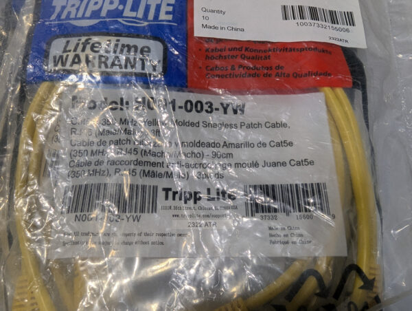 Tripp Lite (QTY 10) Yellow Snagless Cat5 Patch Ethernet Cables 3Ft N001-003-YW