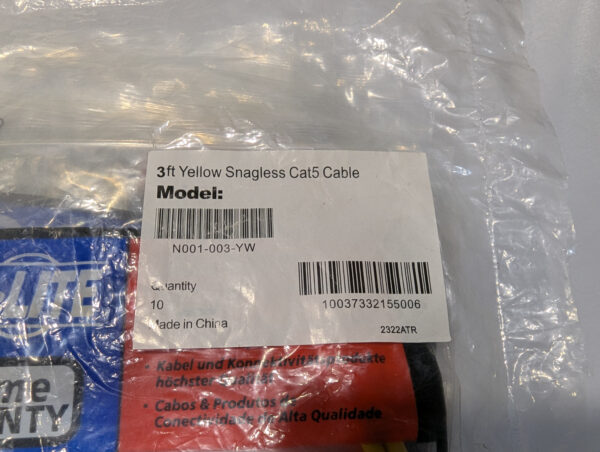 Tripp Lite (QTY 10) Yellow Snagless Cat5 Patch Ethernet Cables 3Ft N001-003-YW